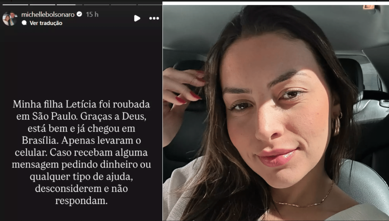 Michelle Bolsonaro informa roubo de celular da filha em São Paulo