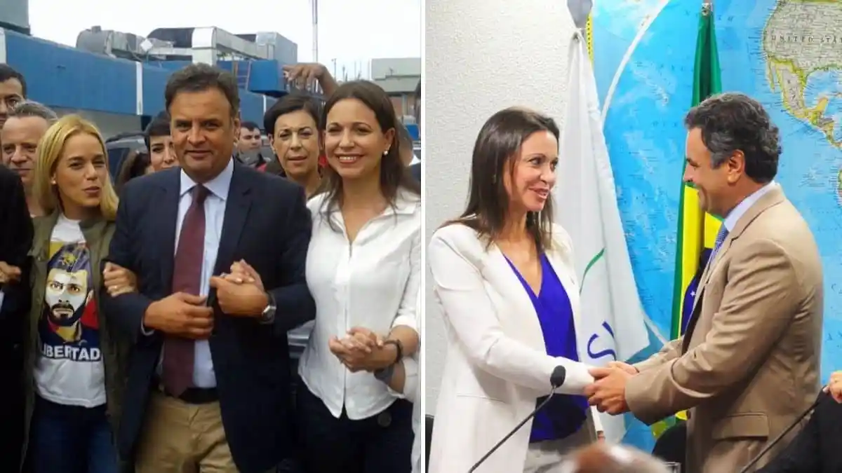 Foto de Aécio com María Corina questiona legitimidade do Nobel da Paz